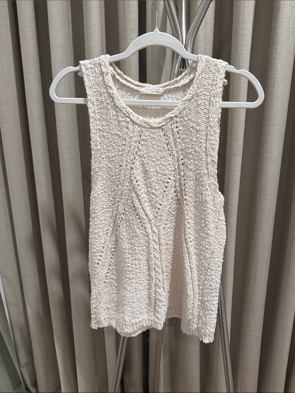 lovestitch Cream Open-Stitch Knit Tank Top